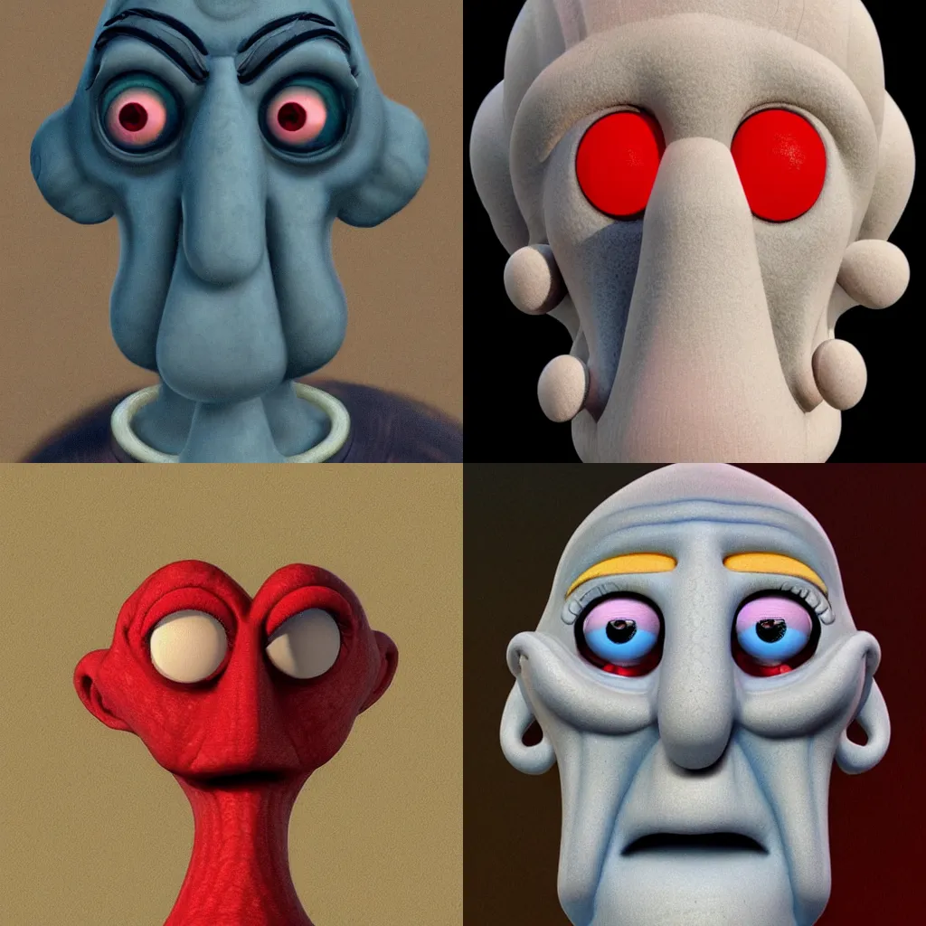 Prompt: Squidward with red realistic eyes,