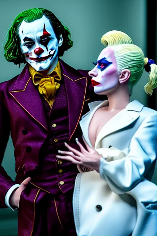 Image similar to joaquin phoenix joker with harley queen lady gaga, photorealistic, smooth, 4 k, aesthetic lighting, baroque object, sharp focus, hyperdetailed, professional photography, pullitzer winning, 8 0 0 photo by : canon eos 5 d mark iv, by karah mew and adnan abidi and jodie bateman