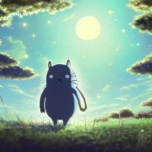 Prompt: friendly creature made by Hayao Miyazaki, studio ghibli artstyle, night, stars, beautiful scene, smooth, detailed, high detail,high quality, 8k anime