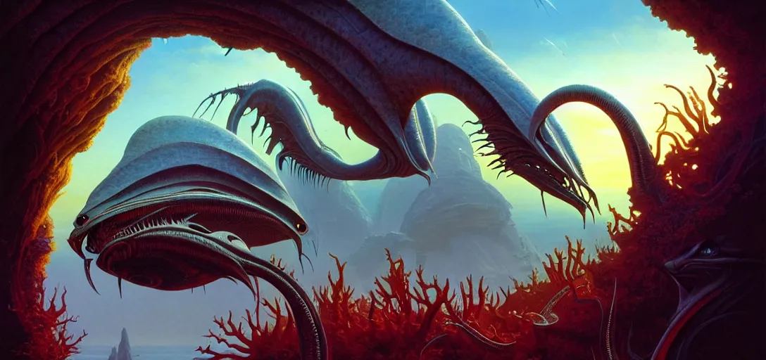 Image similar to photo of an alien fish in the style of roger dean, realistic, sharp focus, 8 k high definition, insanely detailed, intricate, elegant, art by greg rutkowski and artgerm