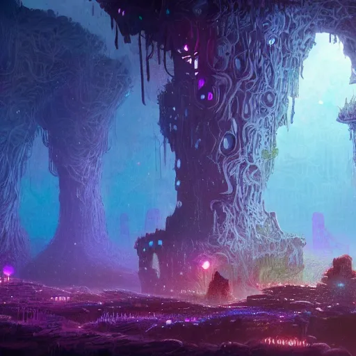 Prompt: concept art detailed painting of a dark purple fungal city made of mushrooms, with glowing blue lights, in the style of jordan grimmer and neil blevins and wayne barlowe