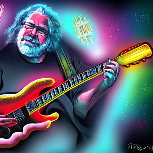 Image similar to a Jerry Garcia guitarist playing so intensely there is electricity shooting out from his guitar, energy beams under his finger tips, and magic sparkles from the freboard, amazing ditial art, trending on artstation, featured on deviantart