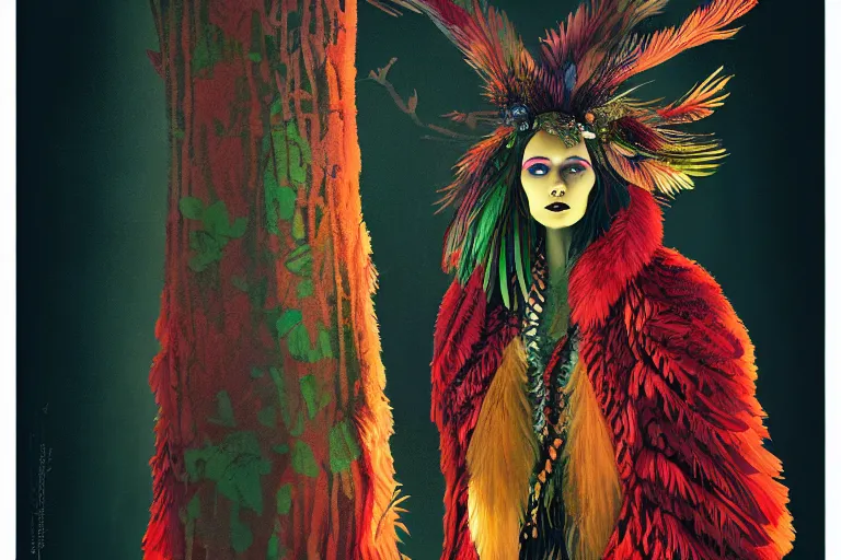 Image similar to editorial illustration by Karolis Strautniekas and Mads Berg, colorful,full body portrait of a forest priestess in a feathered robe,fine texture,detailed, ,film noir, dramatic lighting, dynamic composition,moody, vivid