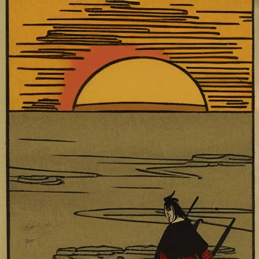 Image similar to Samurai standing in the middle of the lake with a big sun above him and clody sky, single color, Woodblock print, clean ink detailed line drawing