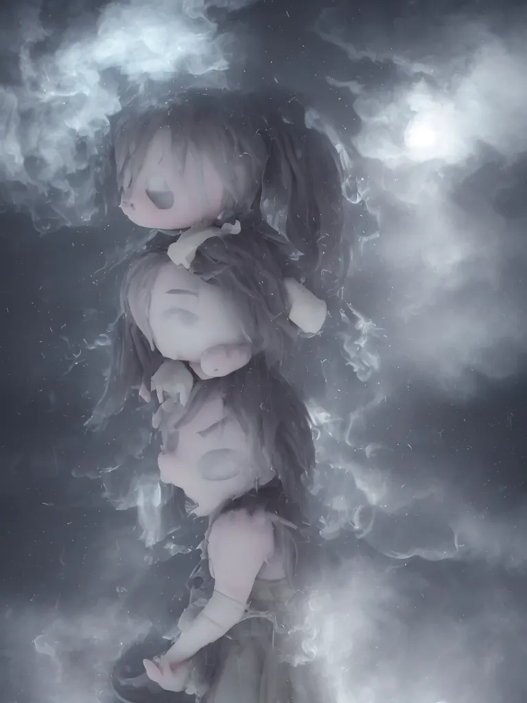 Image similar to cute fumo plush of a cursed frail witch girl held tight in the arms of a ghost, hugging, melting volumetric smoke and fog, environment map pbr reflective stormy water, goth, vignette, vray