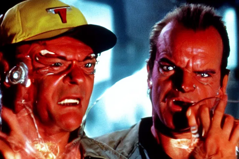 Prompt: Jack Nicholson plays Terminator Pikachu, scene where his inner exoskeleton is visible and his eye glows red