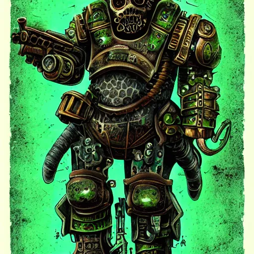 Image similar to highly detailed steampunk portrait of a morbid obese undead heavy soldier with heavy machine guns, rusty, green radioactive glow, toxic waste, wastelands