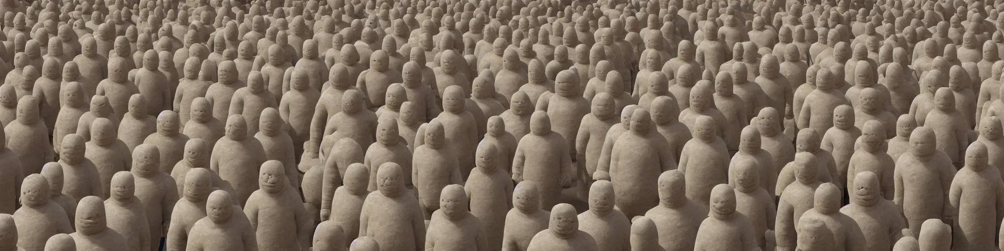 Prompt: hundreds of humans. A sea of humans. interconnected flesh. Melting clay golem humans. Dungeons&Dragons: Lemure. Lemure creature. Demonic scene. Many humans intertwined and woven together. Michelin Man puffy. Bodies and forms amesh. Terracotta army. Extremely unsettling artwork. Clay sculpture by Alberto Giacometti.