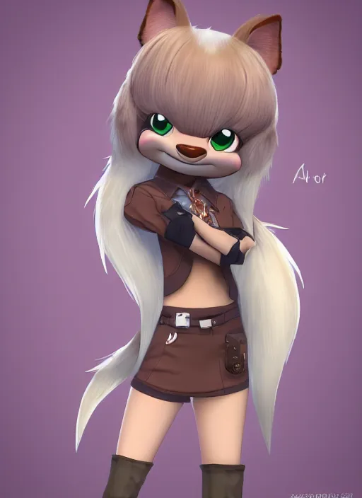 Image similar to female furry mini cute style, character adoptable, highly detailed, rendered, ray - tracing, cgi animated, 3 d demo reel avatar, style of maple story and zootopia, maple story spirit girl, good spirit, dark skin, cool clothes, soft shade, soft lighting