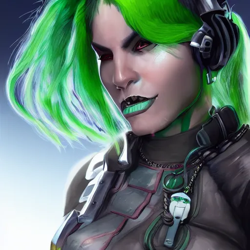 Prompt: concept art of a cyberpunk orc hacker girl with green hair and tusks. Trending on artstation