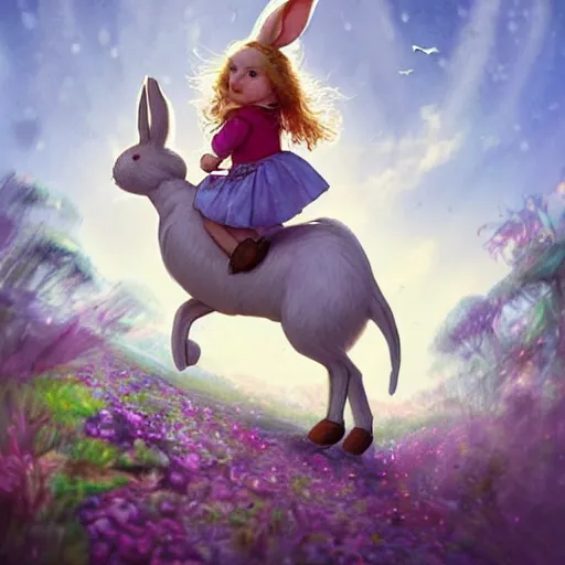 Image similar to beautiful picture of a little girl riding a giant rabbit, wonderland, land of Oz, Beatrix Potter, trending on Artstation