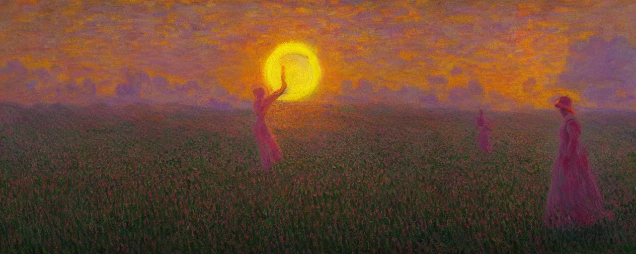 Prompt: The queen of the sun, by Simon Stålenhag and Claude Monet, oil on canvas