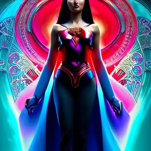 Image similar to heart evangelista as darna, volumetric lights, red and cyan theme, art nouveau botanicals, intricate, highly detailed, digital painting, artstation, concept art, smooth, sharp focus, cinematic, illustration, beautiful face, art by artgerm and greg rutkowski and alphonse mucha