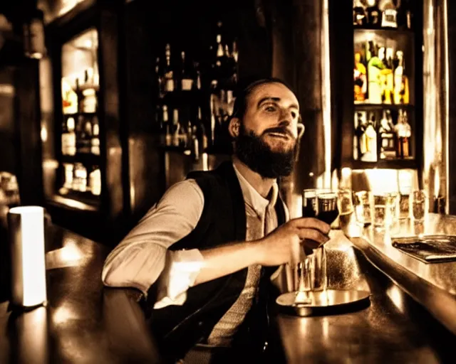 Prompt: un uomo che beve in un bar da solo, scarsa illuminazione, noir, anni 5 0