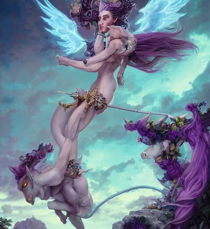 Prompt: a polaroid photo of, a majestic female centaur with white wings and with a horn on the forehead and purple hair and elf ears, backlit, strong rim light, highly detailed, digital painting, by Peter Mohrbacher + Dan Mumford + vivid colors + high contrast, 8k resolution, intricate, photorealistic, smooth