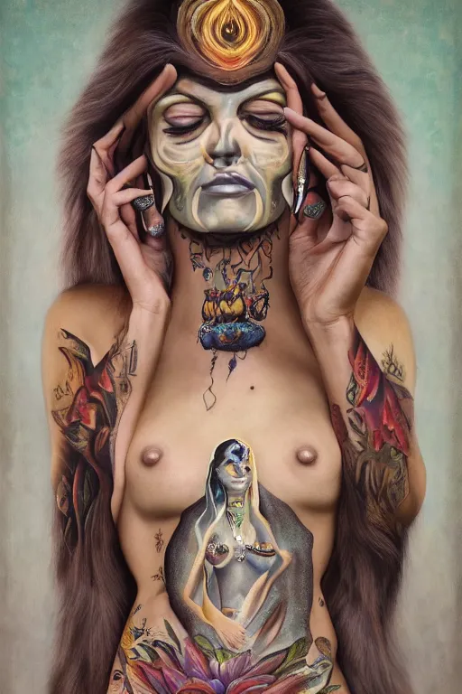 Image similar to transcendental meditation robed cult woman, tattoos, opening third eye, chakra energy waves resonating from her body, ethereal aura, epic surrealism 8k oil painting, portrait, perspective, high definition, post modernist layering, by Peter Kemp