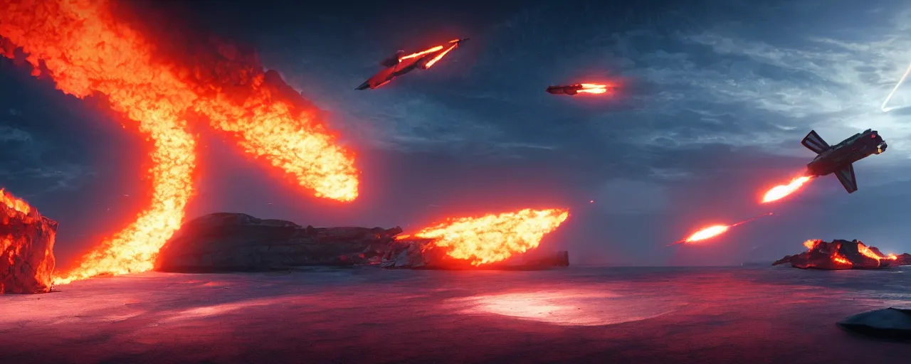 Image similar to matte painting of flaming military spacecraft breaking apart over a black sand beach with icebergs in the distance, trending on artstation, octane render, hd, 8 k