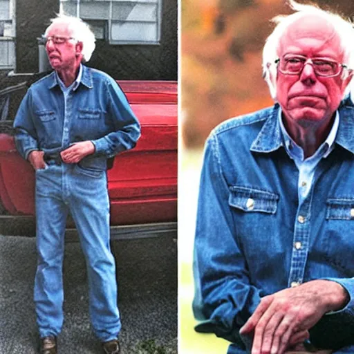 Prompt: bernie sanders in a canadian tuxedo, detailed, photograph