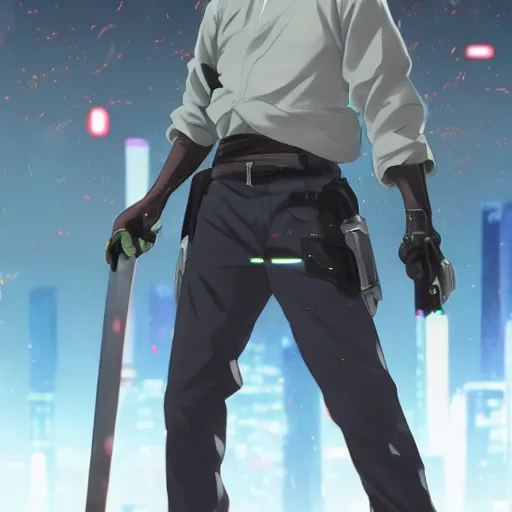 Prompt: advanced digital anime art, Walter White wielding a katana , painted by RossDraws in the style of Makoto Shinkai, ,cyberpunk, very high detail, medium sensor , Gaussian blur, f/15 , 35mm —W 1920 —H 1080