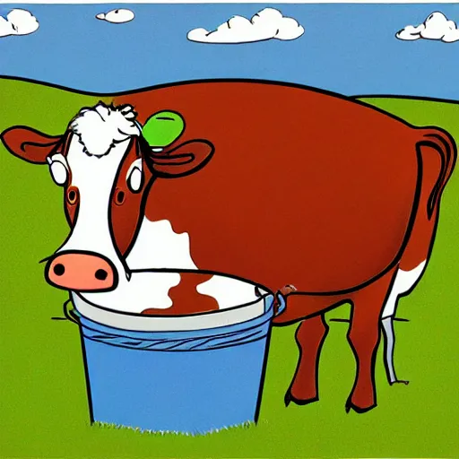 Image similar to a cow points at a bucket, illustrated by gary larson