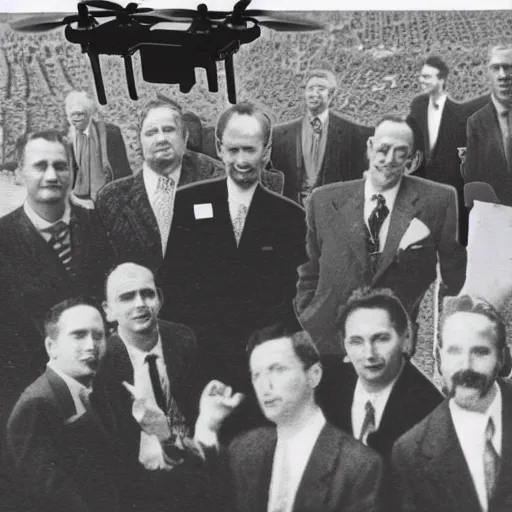 Image similar to vintage photograph of a close-up on a group of business men surrounded by drones, in a dump field, in the style of Terry Gilliam