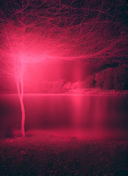 Prompt: photography at night of an ethereal red pond, a central sunlight glare, mystical lights, cyber futuristic lights in the sky, masterpiece, epic, cinematic, hyperealistic photo, high detailed, flashlight at night