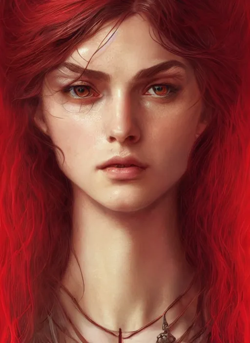 Image similar to vertical portrait of a ruggedly handsome female cleric, soft hair, close - up face, leather, witchy, d & d, fantasy, intricate, elegant, highly detailed, digital painting, artstation, concept art, smooth, sharp focus, illustration, art by artgerm and greg rutkowski and alphonse mucha, plain red background