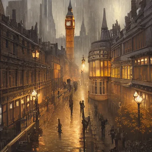 Image similar to a painting of london in 1 9 2 0's, ultra realistic, colour, concept art, intricate details, night, thunder, raining, eerie, arkham horror, call of cthulhu, elder sign, highly detailed, dark fantasy, photorealistic, octane render, 8 k, unreal engine 5. art by artgerm and greg rutkowski and alphonse mucha