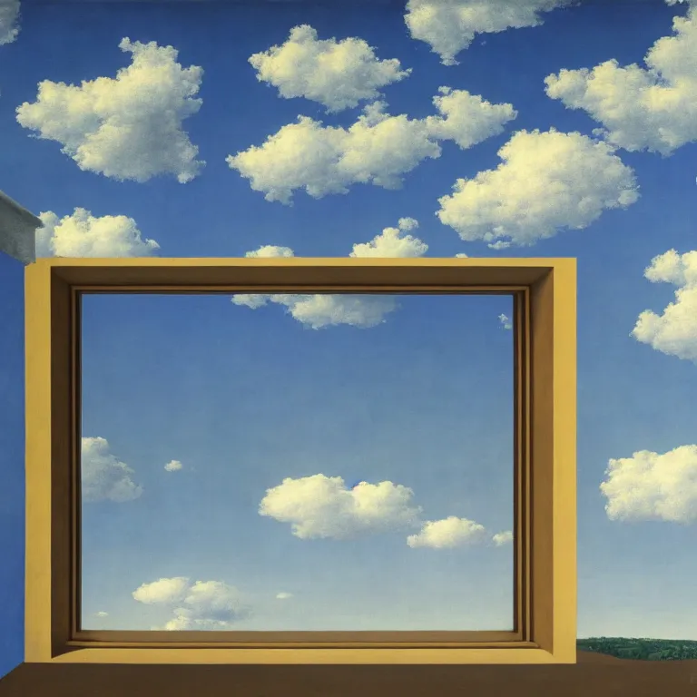 Image similar to window in distance in the middle of the sky, by rene magritte, centered, detailed painting, hd, hq, high resolution, high detail, 4 k, 8 k