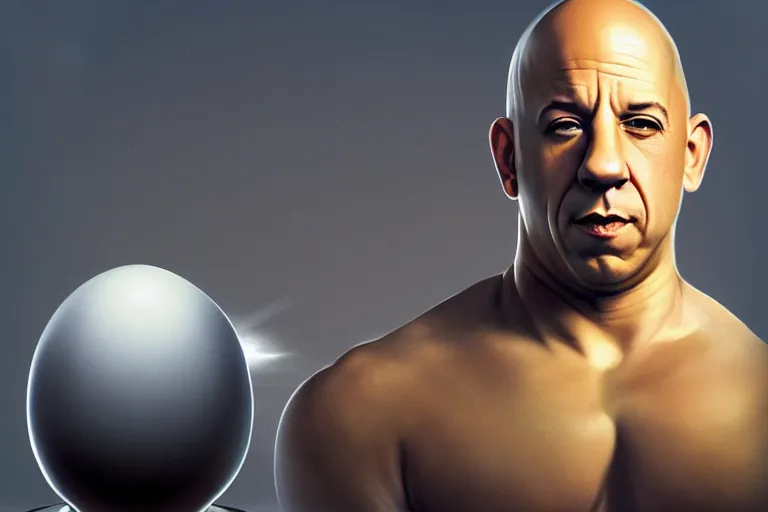 Prompt: vin diesel as an egg in an egg cup, silver egg cup, head is an egg, hyper detailed, digital art, cinematic lighting, studio quality, by boris vallejo, android jones, artgerm, caravaggio