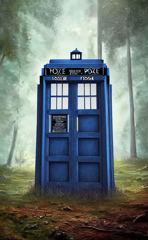 Image similar to a portrait of a tardis, in the woods, dynamic lighting, photorealistic fantasy concept art, trending on art station, stunning visuals, creative, cinematic, ultra detailed