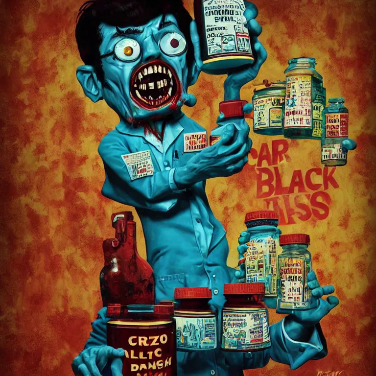 Prompt: hyperdetailed poster painting in a color style of 70's black poster art of an a crazy pharmacist zombie holding a giant jar of pills, epic scale ultrawide angle, 3D rendered, Vray rendered, octane render, unreal engine