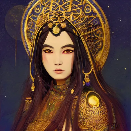 Prompt: painting of junoesque plus size mongolian priestess of the moon, golden filigree armor and tiara, moon above head, dark blue straight hair, smooth translucent skin, wide striking eyes, beautiful! coherent! by brom, by brian froud, strong line, high contrast, muted color, 4 k, trending on artstation