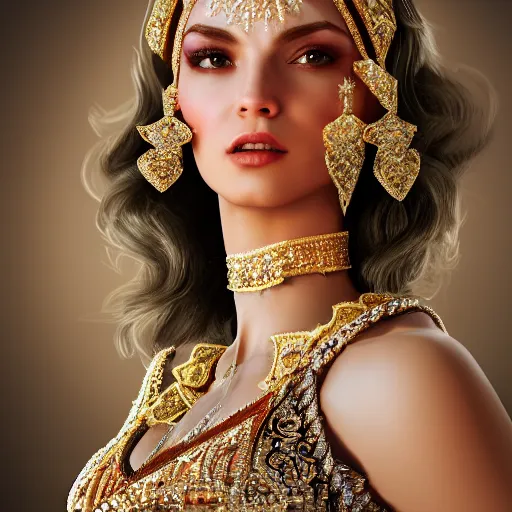 Image similar to portrait of wonderful princess of diamond with fair skin, ornate with diamonds, 8 k, gorgeous, intricate, detailed, glowing white accent lighting, dramatic lighting, octane render