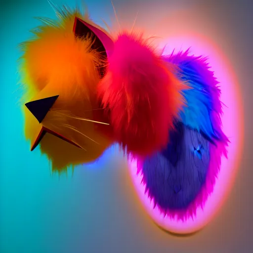 Prompt: : colorful abstract furry sculpture on the wall in modern architecture, cinematic lighting, hyper - realistic, detailed, render by c 4 d octane, unreal engine, 8 k 3 d render