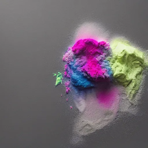 Image similar to clashing powder, colored powder, chalk, studio lighting, explosive, black background