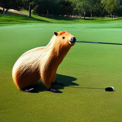 Prompt: Realistic anthropomorphic Capybara playing golf outside