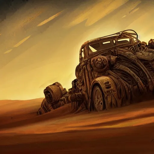 Image similar to painting of a sand landscape, futuristic, mad max style, wreckage of giant, buried, humanoid robots, oasis, 4 k, desolation