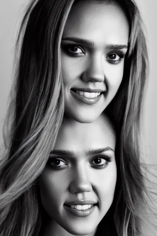 Prompt: photo portrait of beautiful jessica alba, head centered portrait, enigmatic, a little seducing smile, looking lovingly at camera, head in focus, shot with hasselblad, 5 0 mm lens, photography, very soft diffuse lights, cinematics, fine film grain, dark smoky background