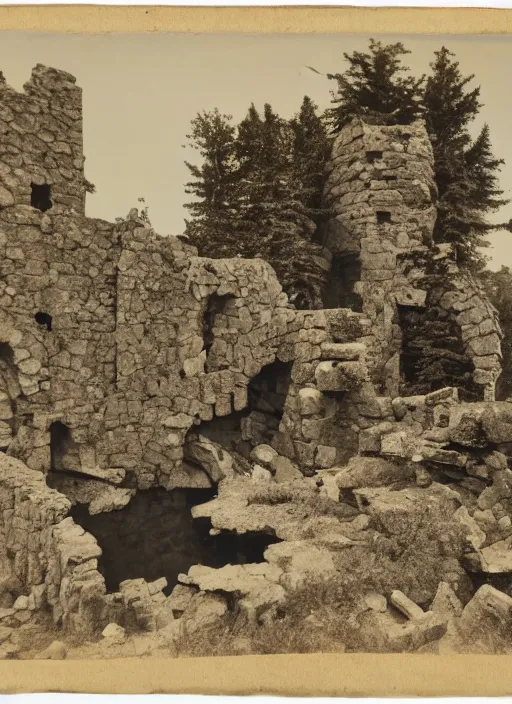 Image similar to Antique photograph of an alsacian castle in ruins atop rock formations, surrounded by forest, chromolithograph, Smithsonian American Art Museum