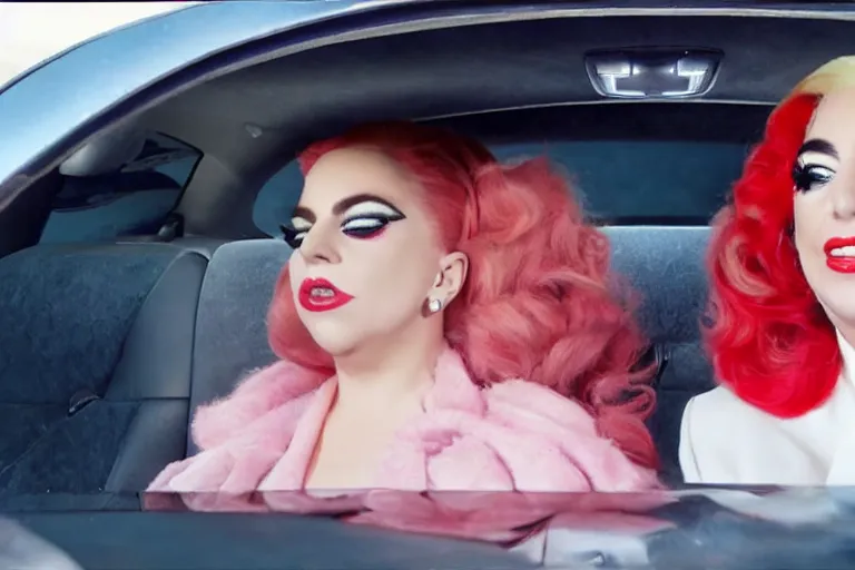 Image similar to lady gaga and judy garland carpool karaoke, highly realistic, highly detailed, high resolution, 8 k 4 k,