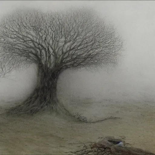 Image similar to down the foggy ruins of time far past the frozen leaves the haunted frightened trees out to the windy beach, alan lee, felix kelly