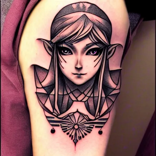 Image similar to tattoo design, stencil, portrait of princess zelda by artgerm, symmetrical face, beautiful, anime