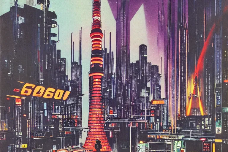 Image similar to 1979 OMNI Magazine Cover of the base of Tokyo tower in neo-Tokyo in cyberpunk style by Vincent Di Fate