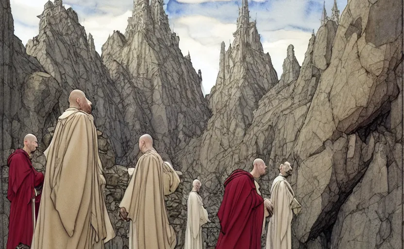 Prompt: a hyperrealist watercolour concept art of a group of medieval monks in grey robes pointing up at a large stone monument floating in the sky. by rebecca guay, michael kaluta, charles vess and jean moebius giraud. high detail, hq, wide shot