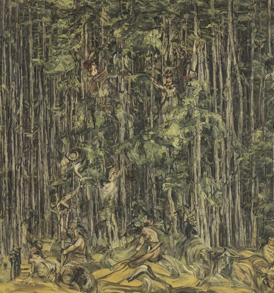 Prompt: four warrior angels lost in a forest painted by akseli gallen and ivanov vsevolod