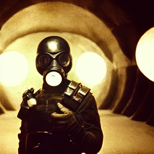 Image similar to a heavily armored man wearing a gasmask, walking through dark tunnel, holding glowing lantern, film still, arriflex 3 5