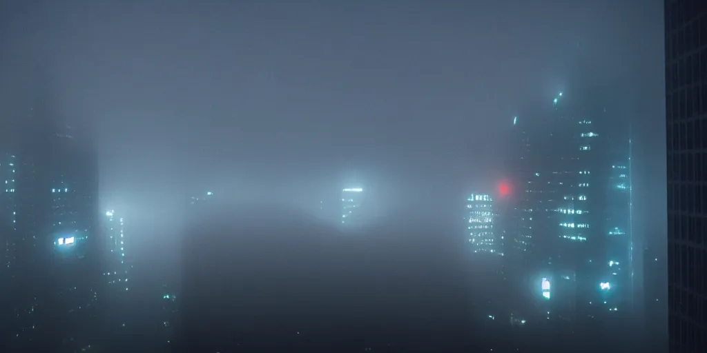 Prompt: eerie fog, giant illuminated advert screens, megacity streets seen from above, neon signs, blade runner, ex machina