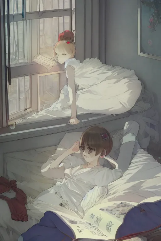 Prompt: a teenage girl with white short hair in a jk uniform outfit in the bedroom reading a book in a night, raining outside the window, grey and blue theme, by krenz cushart and mucha and akihito yoshida and greg rutkowski and makoto shinkai, detailed eyes, 4 k resolution