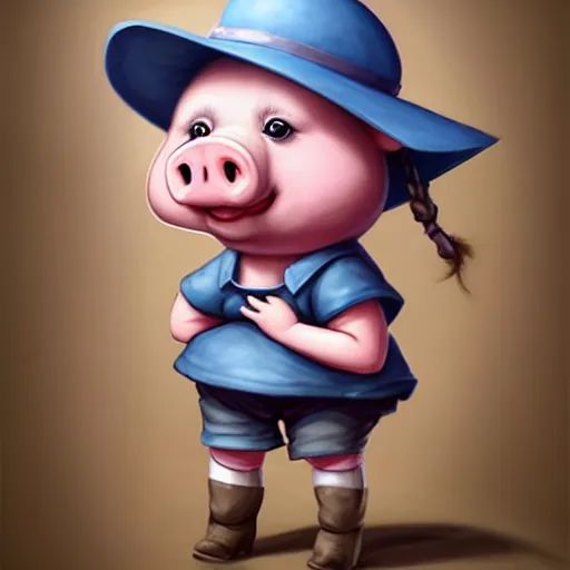 Image similar to cute little anthropomorphic funny female pig wearing shorts, a hat, boots and a pale blue shirt!! tiny!! fully clothed!!! small, short, cute and adorable, character art portrait, matte fantasy painting, deviantart artstation, by jason felix by steve argyle by tyler jacobson by peter mohrbacher, cinema